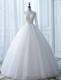 Robe De Mariée Vintage 2017 Col Haut Appliques Boutons Blanc Glitter Tulle Robes De Mariée