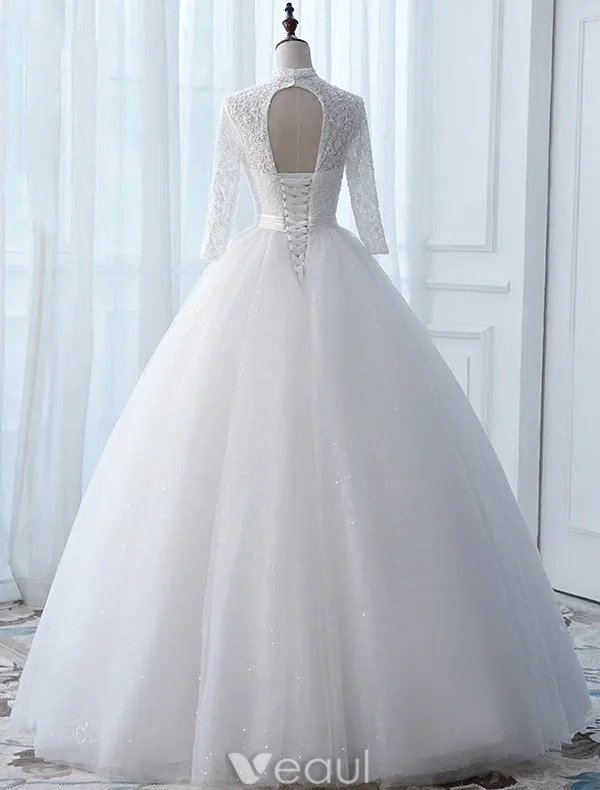 Vintage Brautkleider 2017 Hohe Hals Applikationen Knöpfe Weißen Glitzer Tüll Brautkleider