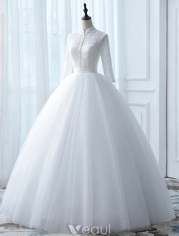 Vintage Brautkleider 2017 Hohe Hals Applikationen Knöpfe Weißen Glitzer Tüll Brautkleider