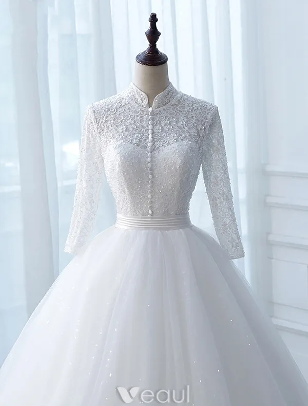Vintage Brautkleider 2017 Hohe Hals Applikationen Knöpfe Weißen Glitzer Tüll Brautkleider