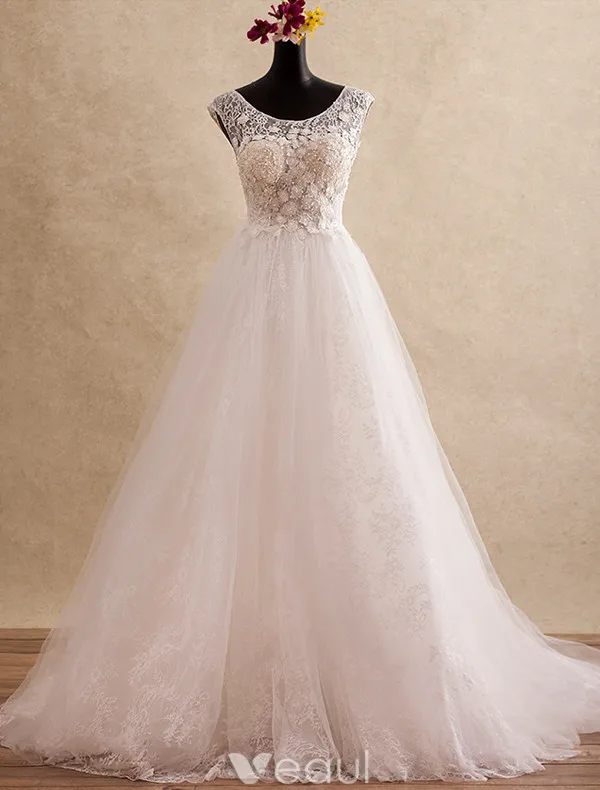 Beautiful A-line Wedding Dresses 2017 Scoop Neckline Beading And Applique Lace Flowers Bridal Gowns