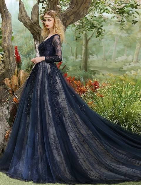 Vestidos De Gala De Glamour 2017 V-cuello Applique De Encaje Y Lentejuelas Oscuro De La Marina De Guerra Vestido Largo