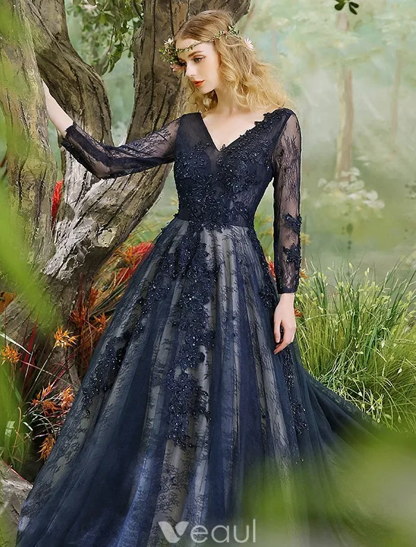 Glamorous Prom Dresses 2017 V-neck Applique Lace & Sequins Dark Navy Long Dress Glamorous Prom Dresses 2017 V-neck Applique Lace & Sequins Dark Navy Long Dress