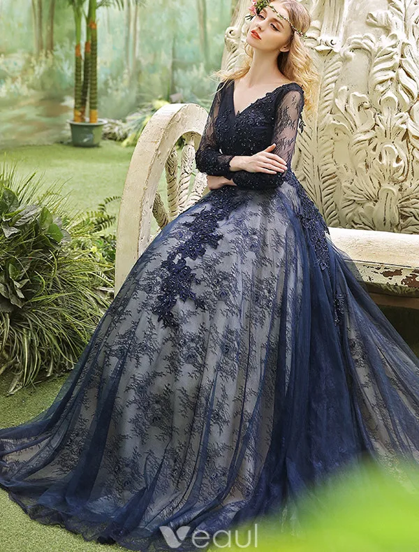 Glamorous Prom Dresses 2017 V-neck Applique Lace & Sequins Dark Navy Long Dress Glamorous Prom Dresses 2017 V-neck Applique Lace & Sequins Dark Navy Long Dress