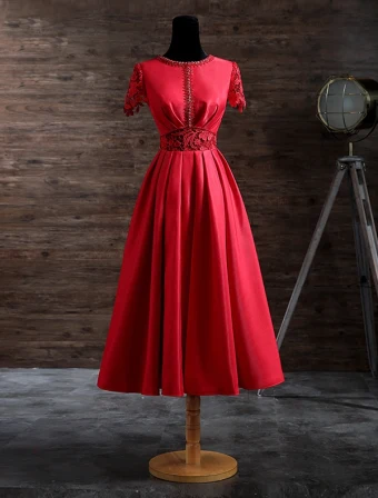 Elegant Evening Dresses 2017 Beading Scoop Neckline Lace Sash And Sleeves Red Satin Tea Length Dress