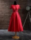 Elegant Evening Dresses 2017 Beading Scoop Neckline Lace Sash And Sleeves Red Satin Tea-length Dress