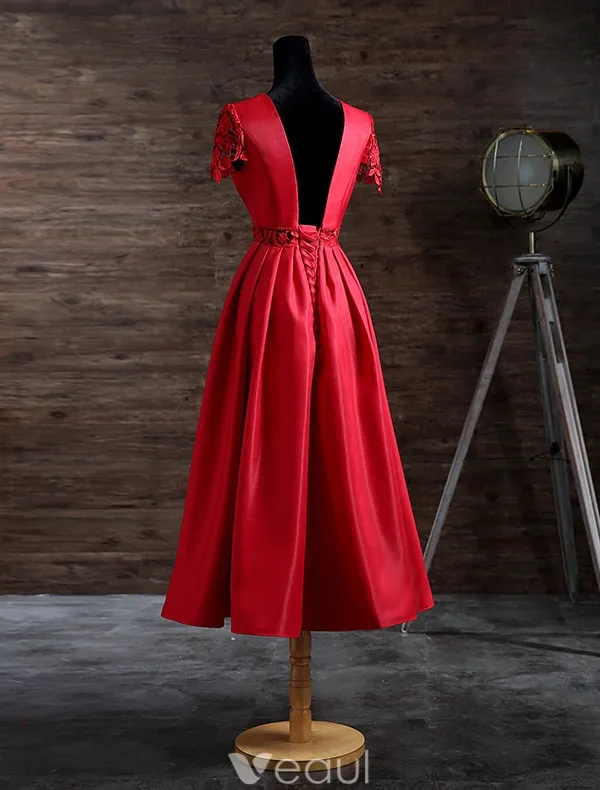 Elegant Evening Dresses 2017 Beading Scoop Neckline Lace Sash And Sleeves Red Satin Tea-length Dress