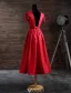 Elegant Evening Dresses 2017 Beading Scoop Neckline Lace Sash And Sleeves Red Satin Tea-length Dress