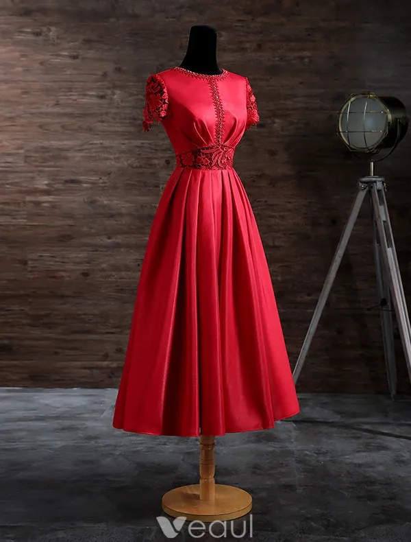 Elegant Evening Dresses 2017 Beading Scoop Neckline Lace Sash And Sleeves Red Satin Tea-length Dress