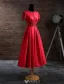 Elegant Evening Dresses 2017 Beading Scoop Neckline Lace Sash And Sleeves Red Satin Tea-length Dress