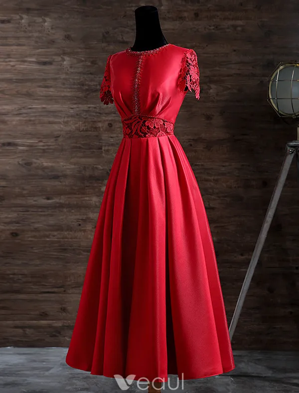 Elegant Evening Dresses 2017 Beading Scoop Neckline Lace Sash And Sleeves Red Satin Tea-length Dress