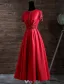 Elegant Evening Dresses 2017 Beading Scoop Neckline Lace Sash And Sleeves Red Satin Tea-length Dress