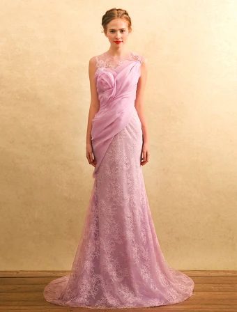 Beautiful Evening Dresses 2017 Scoop Neckline Ruffle Chiffon Lace Mermaid Long Dress