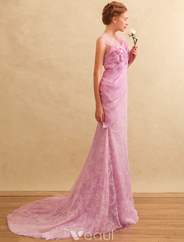 Beautiful Evening Dresses 2017 Scoop Neckline Ruffle Chiffon Lace Mermaid Long Dress