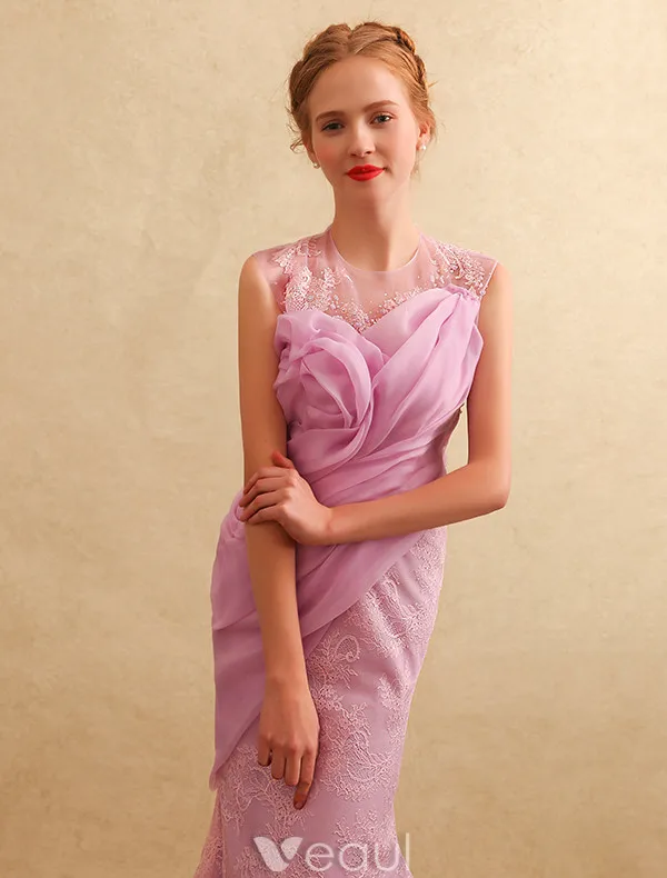 Beautiful Evening Dresses 2017 Scoop Neckline Ruffle Chiffon Lace Mermaid Long Dress