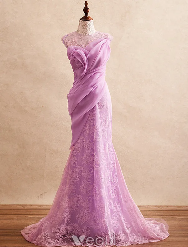 Beautiful Evening Dresses 2017 Scoop Neckline Ruffle Chiffon Lace Mermaid Long Dress