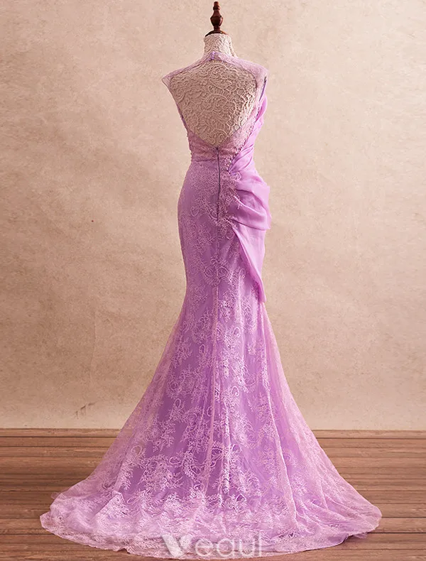 Beautiful Evening Dresses 2017 Scoop Neckline Ruffle Chiffon Lace Mermaid Long Dress