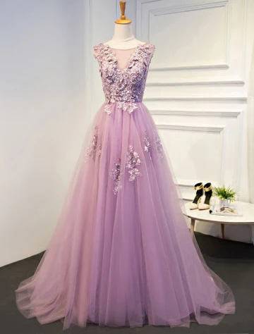 Robe De Bal Belles 2017 Applique Et Perles Dentelle Tulle Lilas Robe Longue