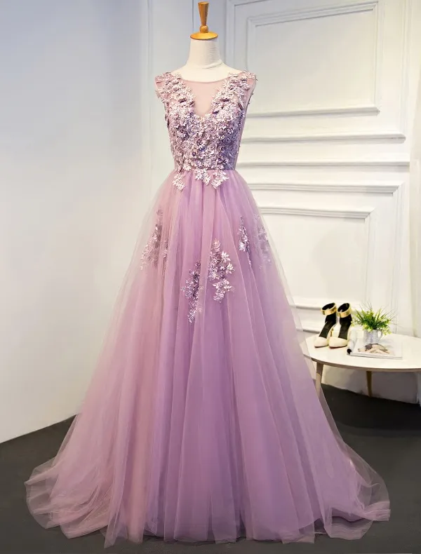 Beautiful Prom Dresses 2017 Applique And Beading Lace Lilac Tulle Long Dress