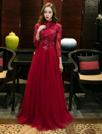 Robe De Soirée Brillantes 2017 Haute Encolure Applique Dentelle Bourgogne Tulle Robe Chinoise De Style Long