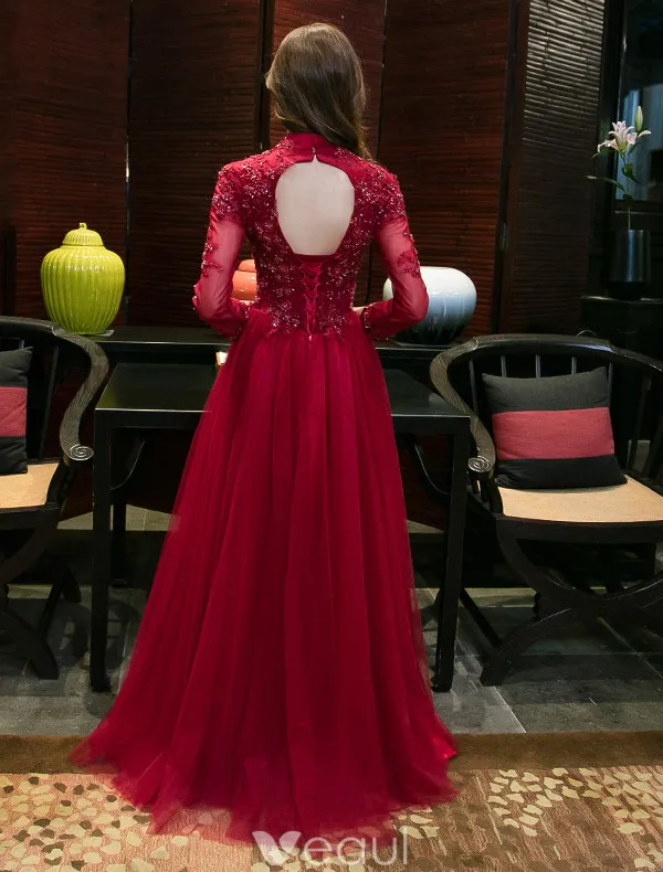 Sparkly Evening Dresses 2017 High Neck Applique Lace Burgundy Tulle Chinese Style Long Dress