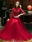 Sparkly Evening Dresses 2017 High Neck Applique Lace Burgundy Tulle Chinese Style Long Dress