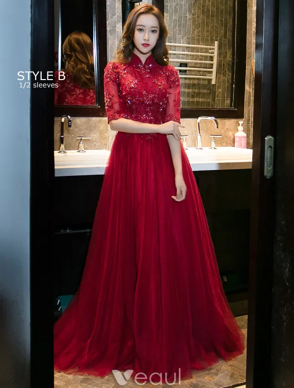 Sparkly Evening Dresses 2017 High Neck Applique Lace Burgundy Tulle Chinese Style Long Dress