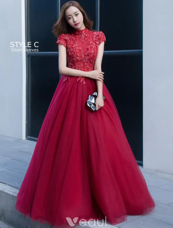 Sparkly Evening Dresses 2017 High Neck Applique Lace Burgundy Tulle Chinese Style Long Dress