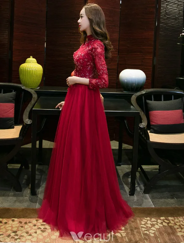 Sparkly Evening Dresses 2017 High Neck Applique Lace Burgundy Tulle Chinese Style Long Dress