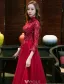 Sparkly Evening Dresses 2017 High Neck Applique Lace Burgundy Tulle Chinese Style Long Dress