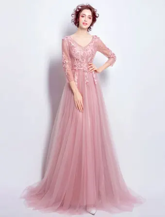 Belle Robe De Soirée En Tulle Rose À Manches Longues