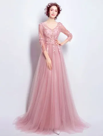 Belle Robe De Soirée En Tulle Rose À Manches Longues