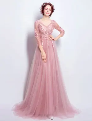 Schöne Rosa Tüll Abendkleid Mit Langen Ärmeln
