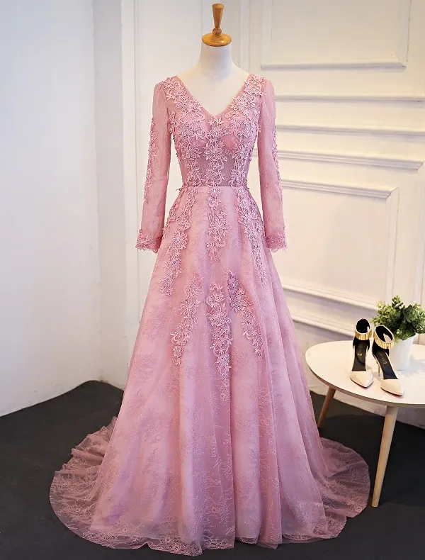 Elegant Prom Dresses 2017 V-neck Long Sleeves Beading Rhinestones Pink Dress With Train