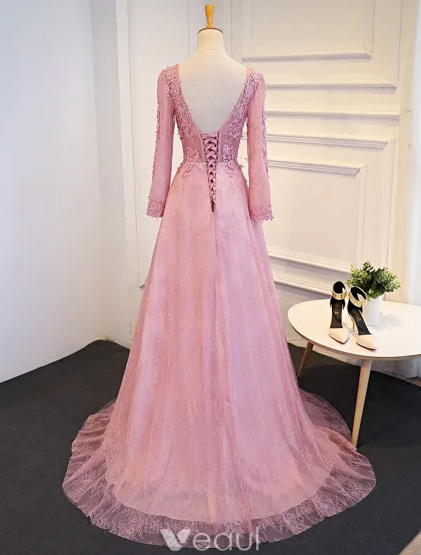 Eleganta Balklänningar 2017 V-ringad Långa Ärmar Beading Strass Rosa Klänning Med Tåg