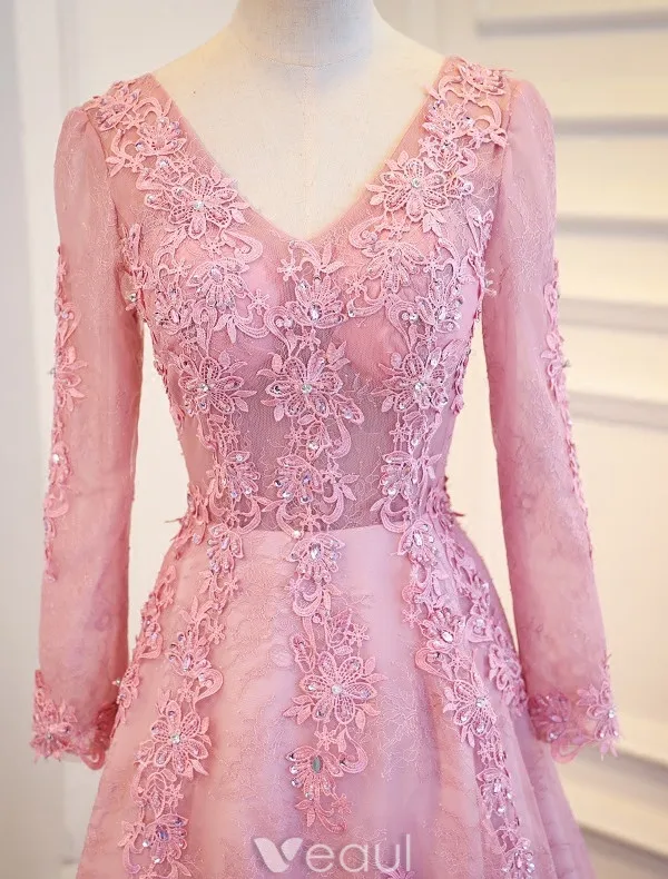 Eleganta Balklänningar 2017 V-ringad Långa Ärmar Beading Strass Rosa Klänning Med Tåg