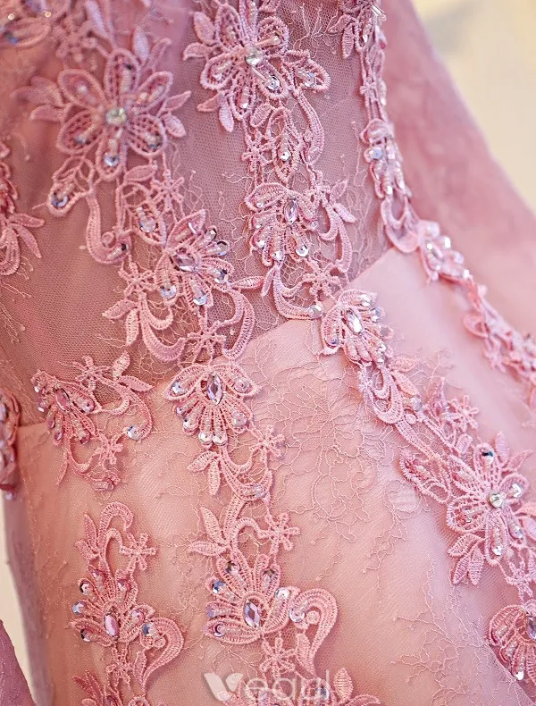Eleganta Balklänningar 2017 V-ringad Långa Ärmar Beading Strass Rosa Klänning Med Tåg