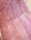 Eleganta Balklänningar 2017 V-ringad Långa Ärmar Beading Strass Rosa Klänning Med Tåg
