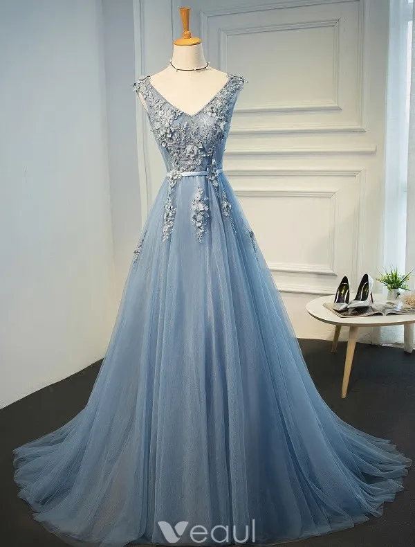 Beautiful Evening Dresses 2017 Beading V-neck Applique Lace And Flowers Blue Long Dress