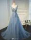 Beautiful Evening Dresses 2017 Beading V-neck Applique Lace And Flowers Blue Long Dress