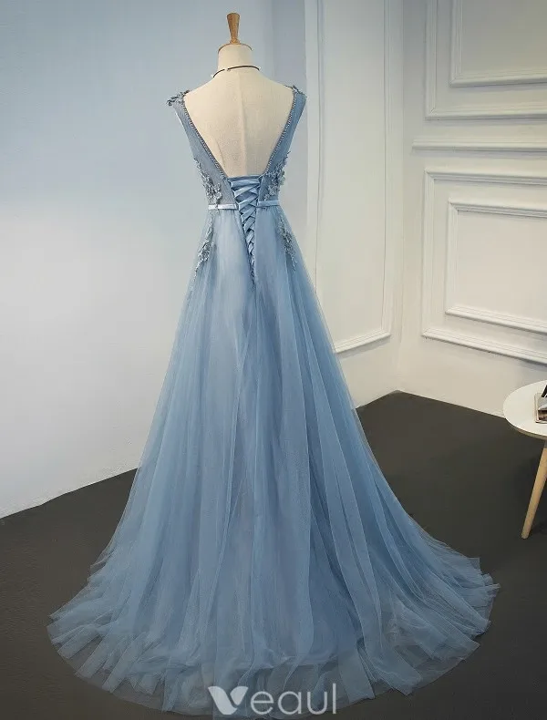 Beautiful Evening Dresses 2017 Beading V-neck Applique Lace And Flowers Blue Long Dress