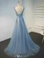 Beautiful Evening Dresses 2017 Beading V-neck Applique Lace And Flowers Blue Long Dress