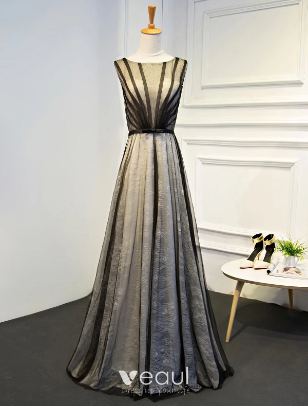 Unique Evening Dresses 2017 Black Striped Tulle Floor Length Dress