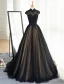 Vintage Prom Dresses 2017 High Neck Applique Beading Lace Black With Champagne Tulle Dress