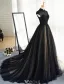 Vintage Prom Dresses 2017 High Neck Applique Beading Lace Black With Champagne Tulle Dress