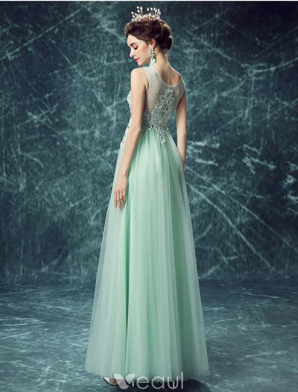 Sexy Long Lace Evening Dress Green Formal Dress Beaded Crystal