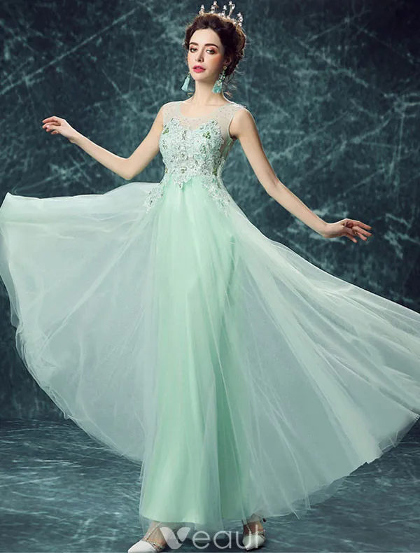 Sexy Long Lace Evening Dress Green Formal Dress Beaded Crystal