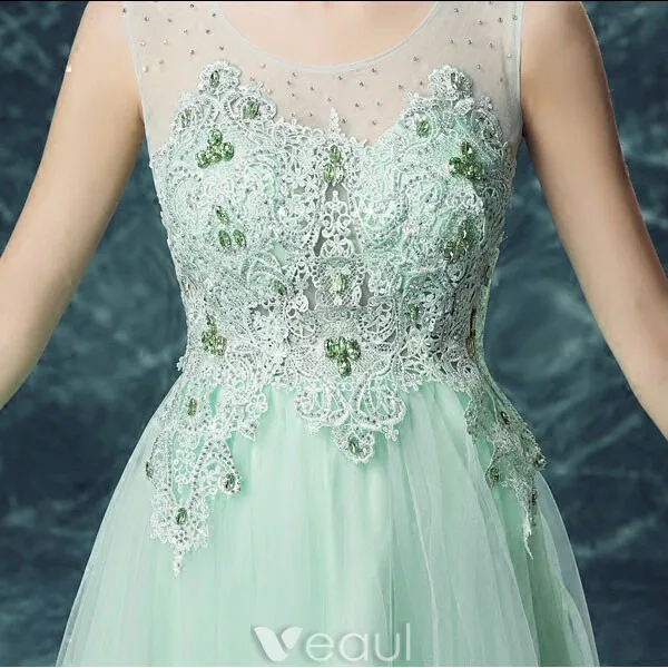 Sexy Long Lace Evening Dress Green Formal Dress Beaded Crystal