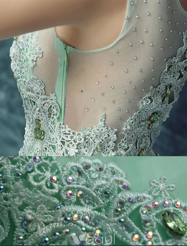 Sexy Long Lace Evening Dress Green Formal Dress Beaded Crystal