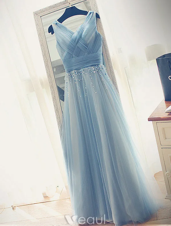 Robes De Soirée Glamour 2017 V-cou Volanté Tulle Avec Sequins Gland Robe Longue